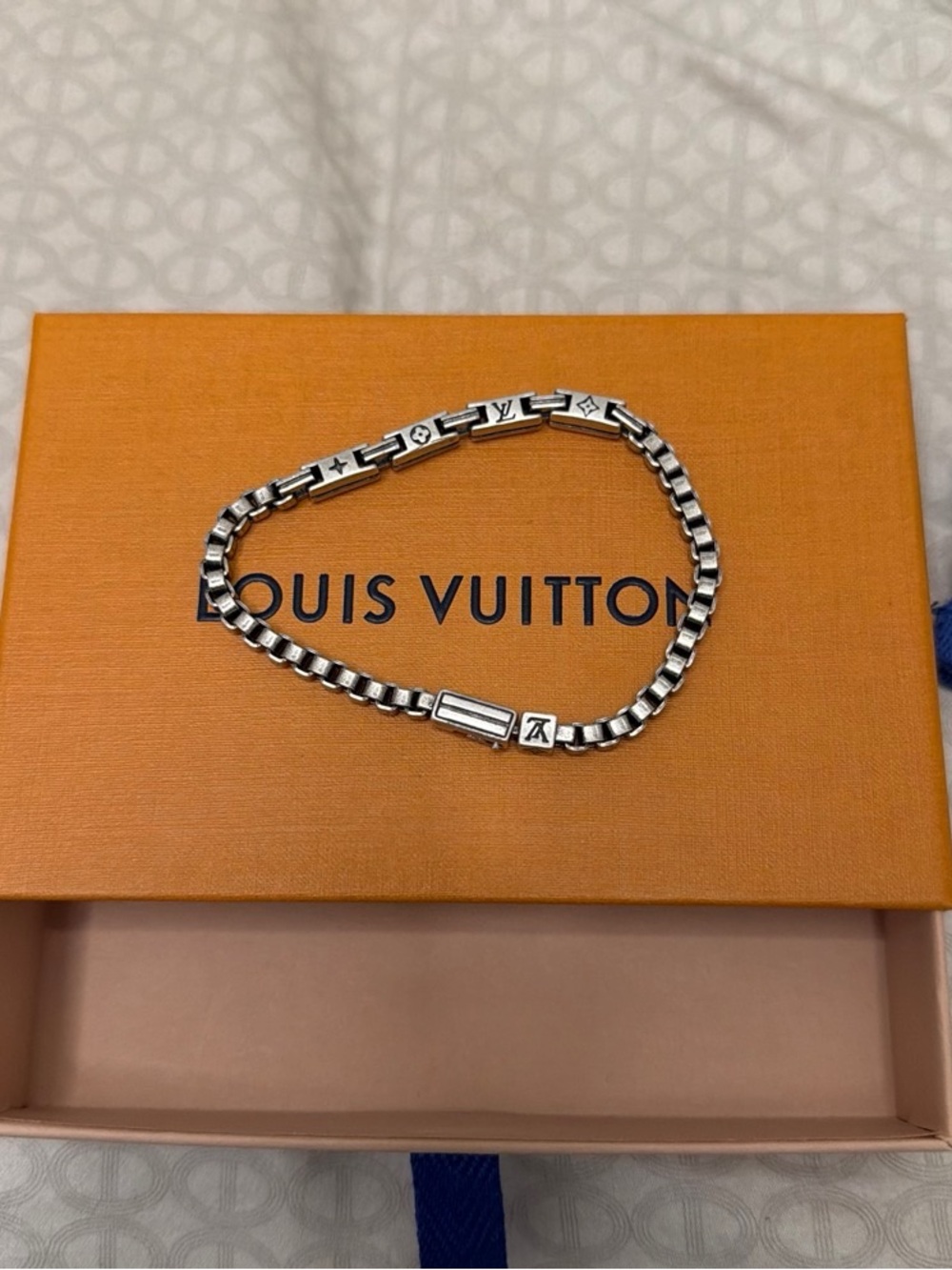 Louis Vuitton Men’s Silver Link Bracelet with Monogram Accents